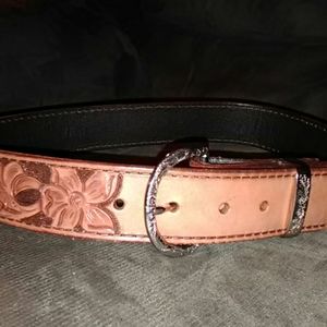 Handmade brown/silver leather belt western floral